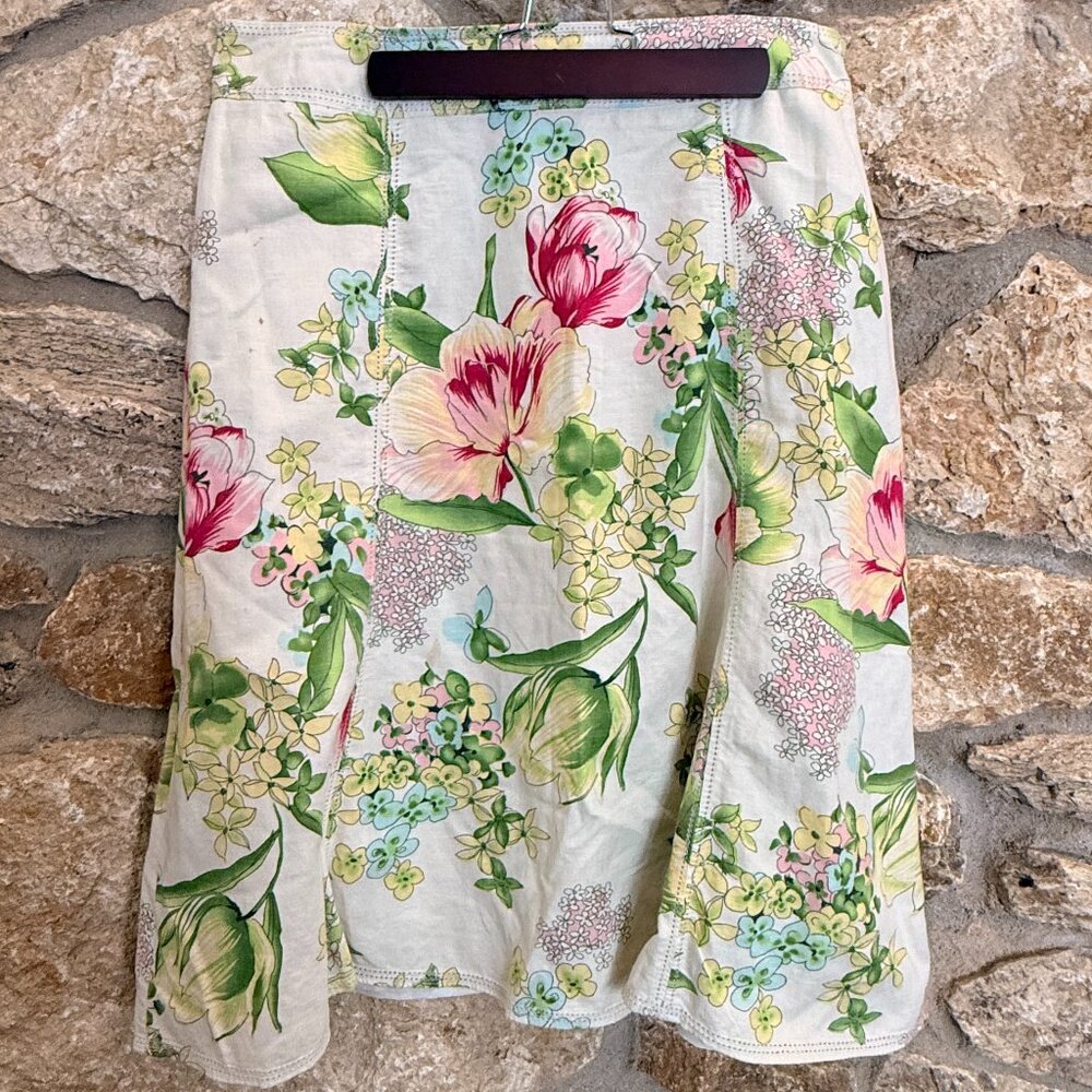 Linen Floral A-line Fitted Waist Midi Skirt Lined  sz 12